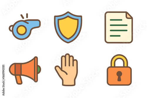 Whistleblower Protection Icons. Flat vector mini-illustrations Whistleblower protection policy in colors children’s illustrations: