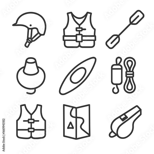 Whitewater Kayaking Icons. Outline icon set of whitewater kayaking gear: helmet, life jacket, paddle, spray skirt, whitewater