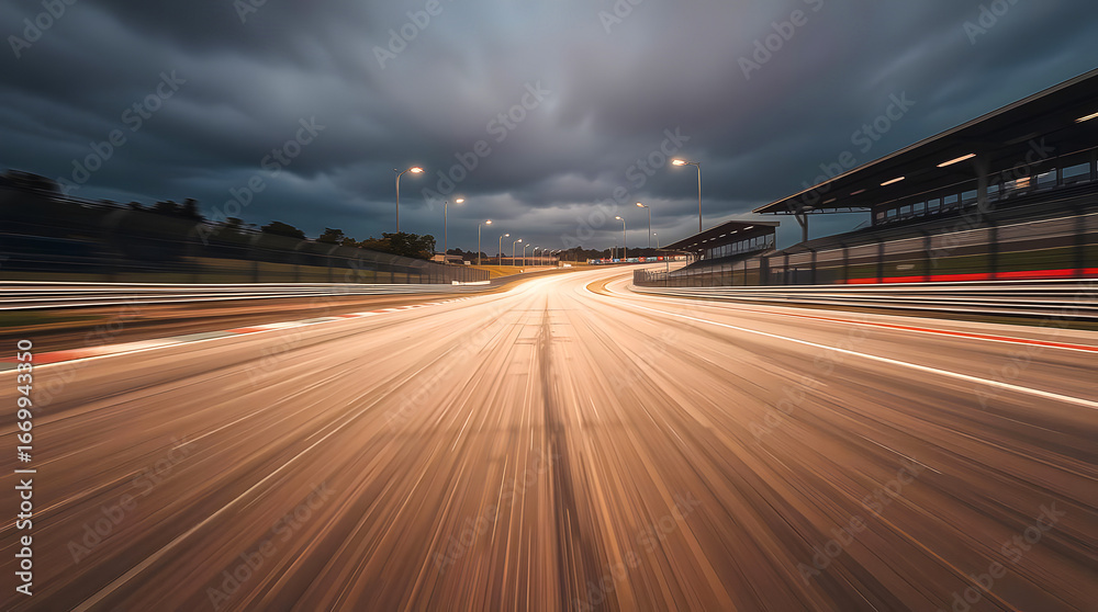 Obraz premium racetrack at night with dramatic motion blur creating light streaks, surrounded by floodlights, grandstands, and a dark cloudy sky, capturing the thrill and speed of high-performance racing.
