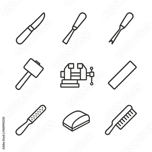 Wood Carving Tool Icons. Outline icon set of wood carving tools: carving knife, gouge chisel, V-tool, carving mallet, bench vise,