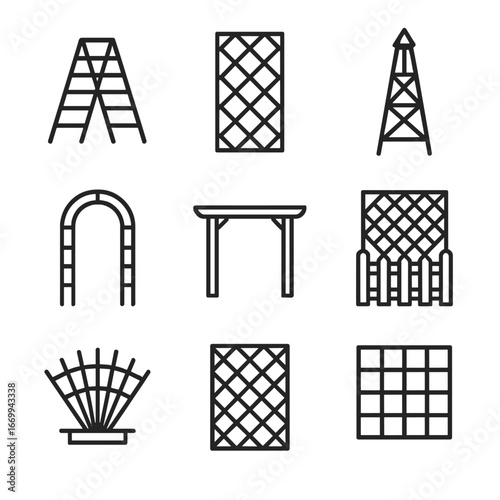 Wooden Trellis Icon Set. Outline icon set of wooden trellis designs: A-frame trellis, lattice panel, obelisk tower, archway