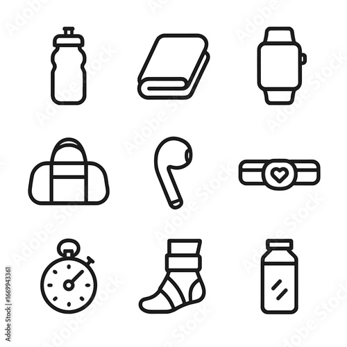 Workout Gear Icons. Outline icon set of workout preparation accessories: water bottle, gym towel fold, fitness tracker watch,