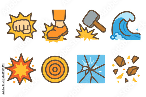 Action Impact Icons. Flat vector mini-illustrations action impact strikes in colors children's illustrations: fist punch, foot