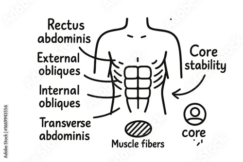 Abdominal Muscles Illustration. Hand-drawn doodle illustration abdominal muscles rectus abdominis, external obliques, internal