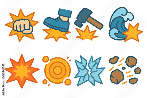 Action Impact Icons. Flat vector mini-illustrations action impact strikes in colors children's illustrations: fist punch, foot