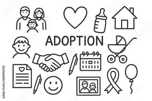 Adoption Symbol Doodles. Hand-drawn doodle illustration adoption family, heart, house, child, handshake, baby bottle, stroller,