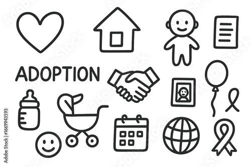 Adoption Symbol Doodles. Hand-drawn doodle illustration adoption family, heart, house, child, handshake, baby bottle, stroller,