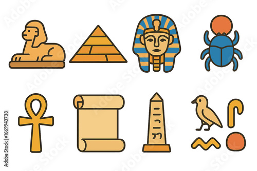 Ancient Egypt Icons. Flat vector mini-illustrations ancient Egypt in colors children's illustrations: sphinx, pyramid, pharaoh’s