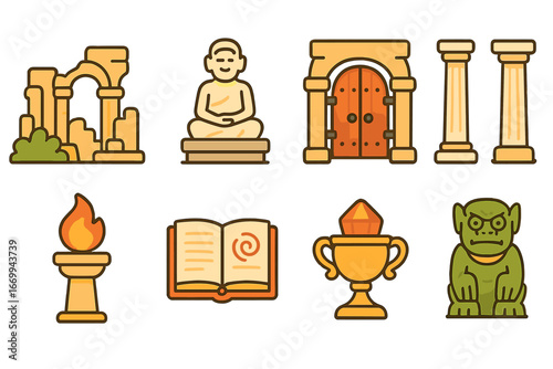 Ancient Sanctuary Icons. Flat vector mini-illustrations historical sanctuary in colors children's illustrations: ancient ruins,