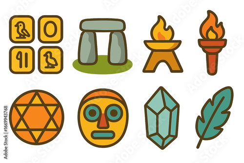 Ancient Symbols Icons. Flat vector mini-illustrations reverence in ancient symbols in colors children's illustrations: hieroglyphs