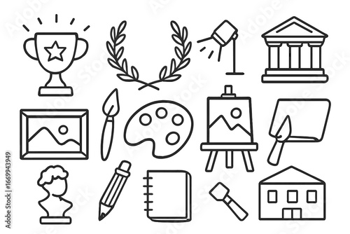 Art Exhibit Icons. Hand-drawn doodle illustration masterpiece awards trophy, laurel wreath, spotlight, museum, frame, paintbrush,