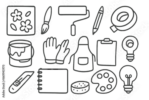 Art Supplies Icons. Hand-drawn doodle illustration art stencil stencil sheet, paintbrush, paint roller, pencil, ruler, cutting