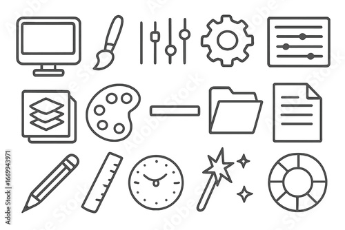 Art Tools Icons. Hand-drawn doodle illustration graphic design preset computer screen, brush, sliders, gear, settings icon, layers