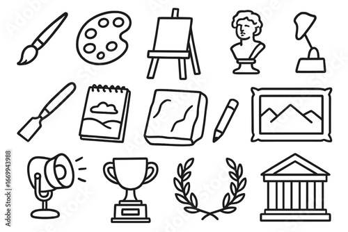 Art Tools Doodle. Hand-drawn doodle illustration masterpiece paintbrush, palette, easel, canvas, sculpture, chisel, marble block,
