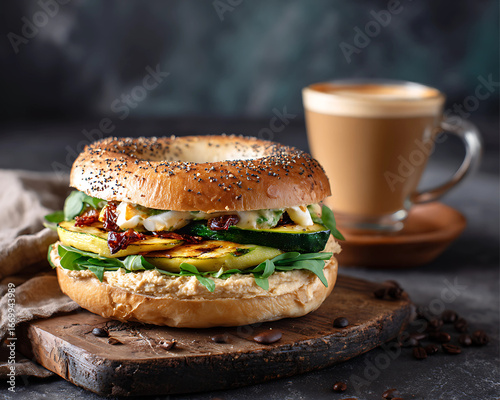Vegetarian Bagel Sandwich with Hot Latte