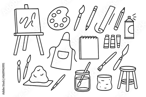 Art Workshop Essentials. Hand-drawn doodle illustration art workshop easel, paint palette, paintbrush, canvas, pencil, charcoal,