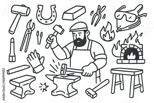 Blacksmith Tool Doodles. Hand-drawn doodle illustration blacksmith artisan hammer, anvil, tongs, forge, horseshoe, metal ingot,