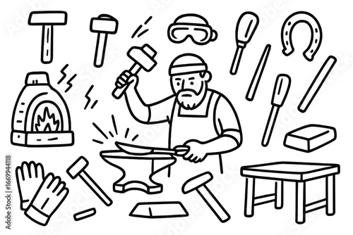 Blacksmith Tool Doodles. Hand-drawn doodle illustration blacksmith artisan hammer, anvil, tongs, forge, horseshoe, metal ingot,