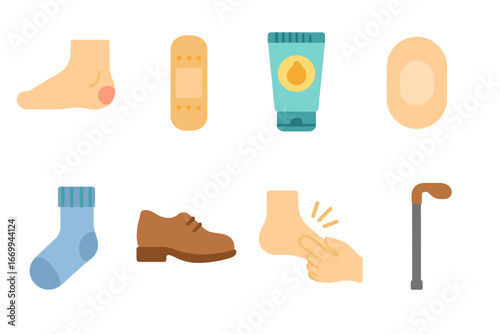 Blister Care Essentials. Flat vector mini-illustrations blister in colors children's illustrations: foot with blister, adhesive