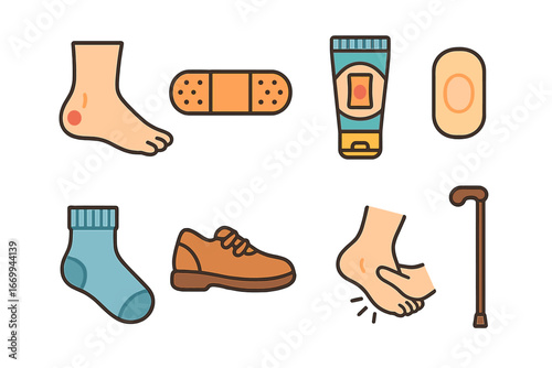 Blister Care Essentials. Flat vector mini-illustrations blister in colors children's illustrations: foot with blister, adhesive