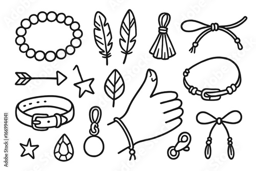 Boho Bracelet Doodle. Hand-drawn doodle illustration boho bracelet beads, feathers, tassels, string, leather strap, charms, knots,