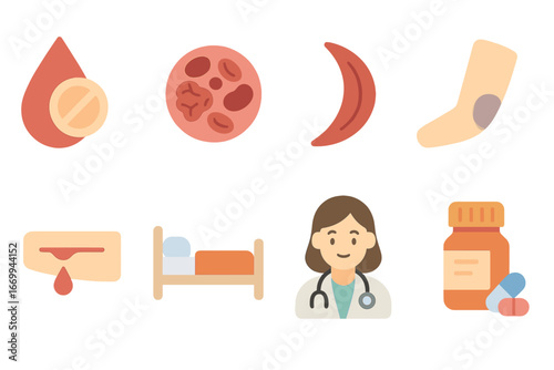 Blood Disorders Icons. Flat vector mini-illustrations blood-related diseases in colors children's illustrations: anemia symbol,