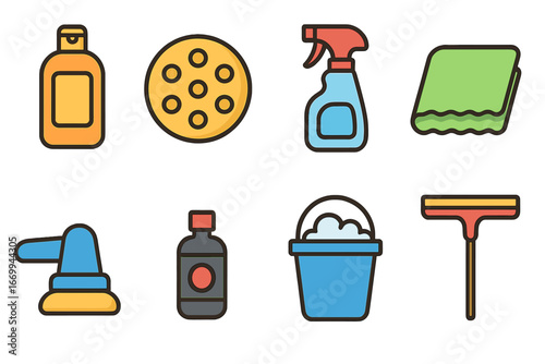 Car Care Icons. Flat vector mini-illustrations car detailing in colors children's illustrations: wax bottle, polishing pad, spray
