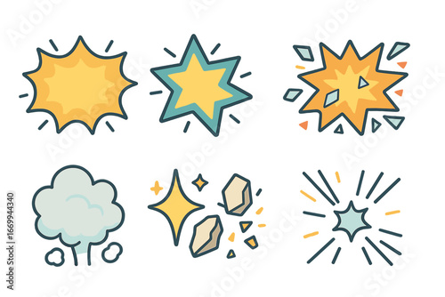Cartoon Impact Illustrations. Flat vector mini-illustrations cartoon glass break effects in colors children's illustrations: POW