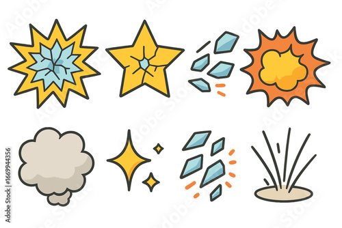 Cartoon Impact Illustrations. Flat vector mini-illustrations cartoon glass break effects in colors children's illustrations: POW