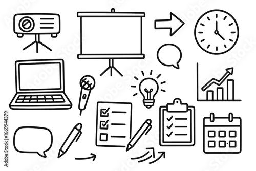 Cartoon Presentation Icons. Hand-drawn doodle illustration example presentation projector, screen, pointer, laptop, microphone,