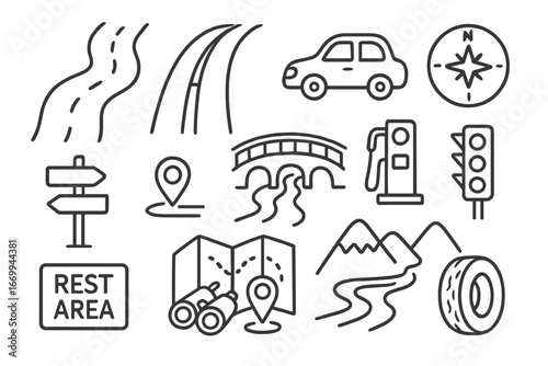 Cartoon Road Map Doodle. Hand-drawn doodle illustration road map highway, car, gas station, traffic light, compass, signpost,