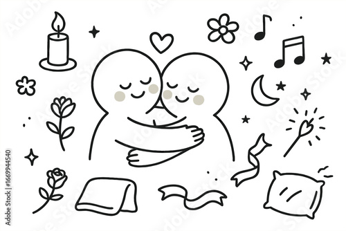 Celebration and Cuddle Doodles. Hand-drawn doodle illustration winking celebration party hat, confetti, balloon, wink face, star,
