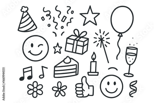 Celebration Doodle Icons. Hand-drawn doodle illustration winking celebration party hat, confetti, balloon, wink face, star, gift