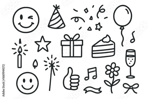Celebration Doodle Icons. Hand-drawn doodle illustration winking celebration party hat, confetti, balloon, wink face, star, gift