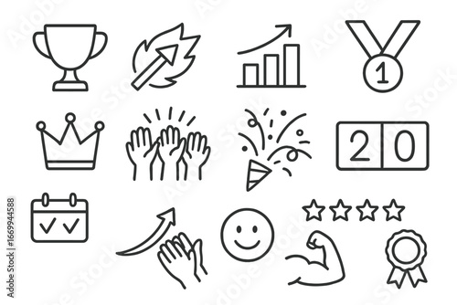 Champion's Victory Icons. Hand-drawn doodle illustration victory streak champion’s cup, fire arrow, rising bars, medal icon,
