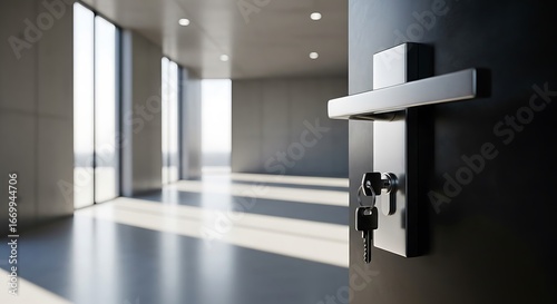 Modern, empty office space awaits new occupants, featuring a sleek black door with a key in the lock.