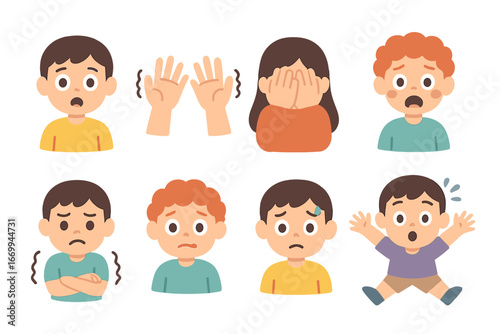 Childhood Fear Icons. Flat vector mini-illustrations fear expressions in colors children's illustrations: wide eyes, trembling
