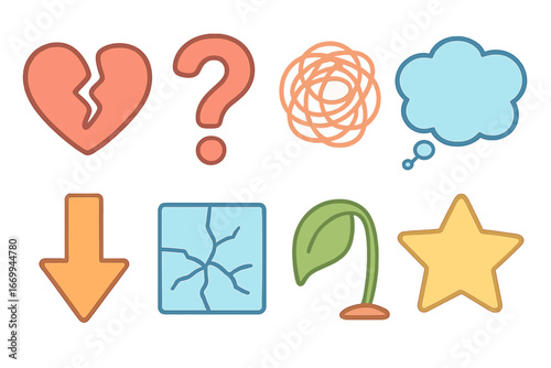 Childlike Helplessness Icons. Flat vector mini-illustrations helplessness symbols in colors children's illustrations: broken heart