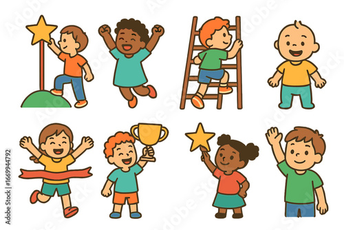 Children's Achievement Icons. Flat vector mini-illustrations motivation in colors children's illustrations: child reaching goal,
