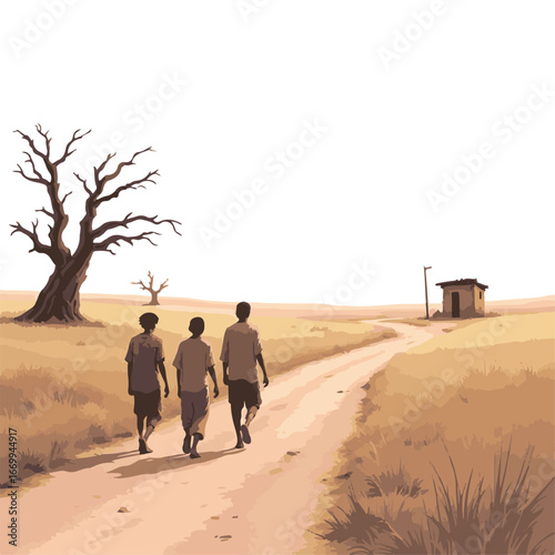 Refugees walking barren desert road