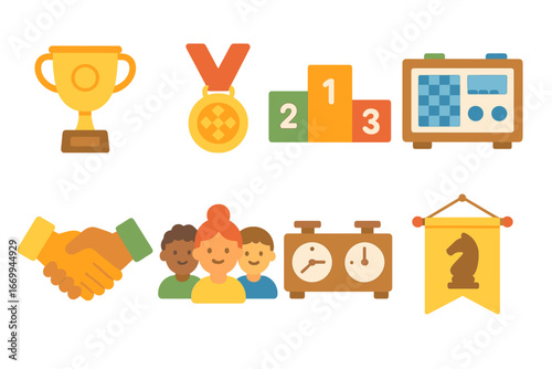 Children's Chess Icons. Flat vector mini-illustrations chess tournament in colors children's illustrations: trophy, medal, podium,