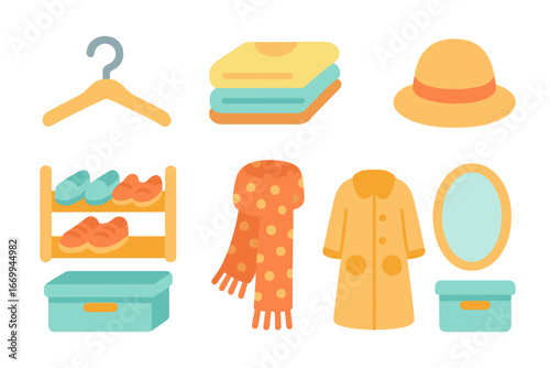 Children's Closet Icons. Flat vector mini-illustrations closet in colors children's illustrations: hanger, folded clothes, shoe