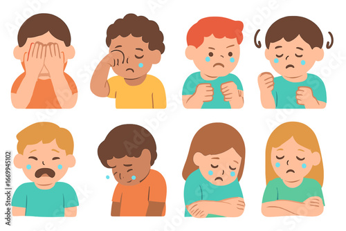 Children's Crying Icons. Flat vector mini-illustrations crying gestures in colors children's illustrations: hands covering face,