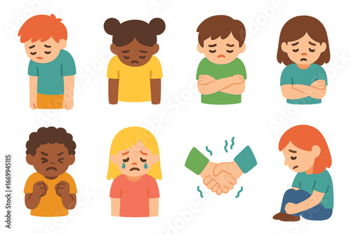 Children's Despair Icons. Flat vector mini-illustrations despair body language in colors children's illustrations: slumped