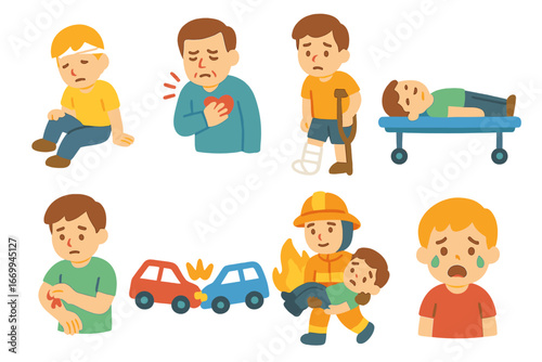 Children's Emergency Icons. Flat vector mini-illustrations ambulance emergencies in colors children's illustrations: injured