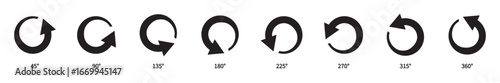 Arrow degrees 45°, 90°, 135°, 180°, 225°, 270°, 315°, 360° black icon collection. Different degrees views symbol. Rotating arrow sign. Editable stroke. Flat design. Vector illustration.