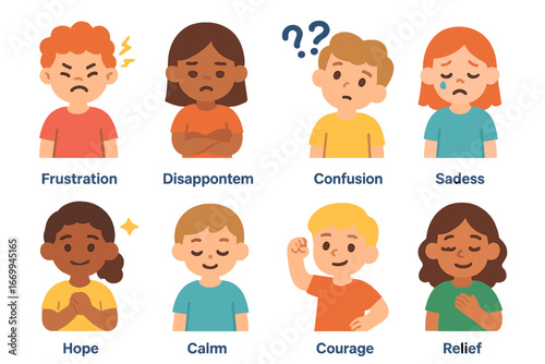 Children's Emotional Icons. Flat vector mini-illustrations mistakes and emotions in colors children's illustrations: frustration,