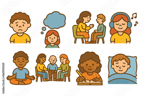 Children's Emotional Health Icons. Flat vector mini-illustrations overdose and mental health in colors children's illustrations: