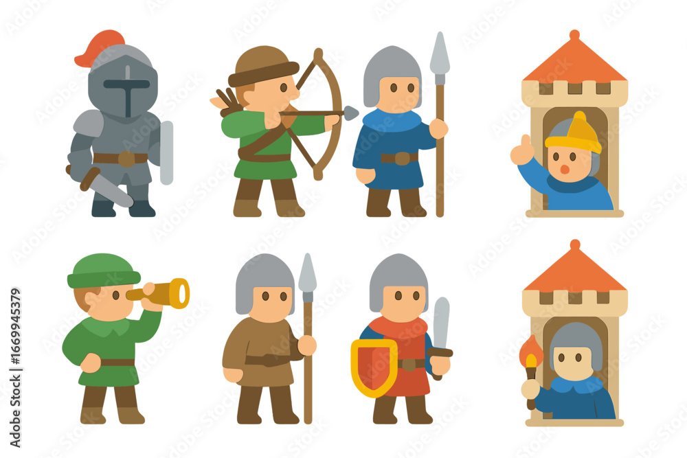 Fototapeta premium Children's Guard Icons. Flat vector mini-illustrations defense tower guards in colors children's illustrations: armored knight,