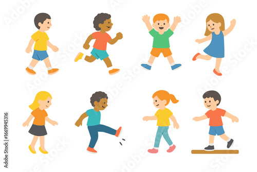 Children's Foot Activities. Flat vector mini-illustrations foot activities in colors children's illustrations: walking, running,